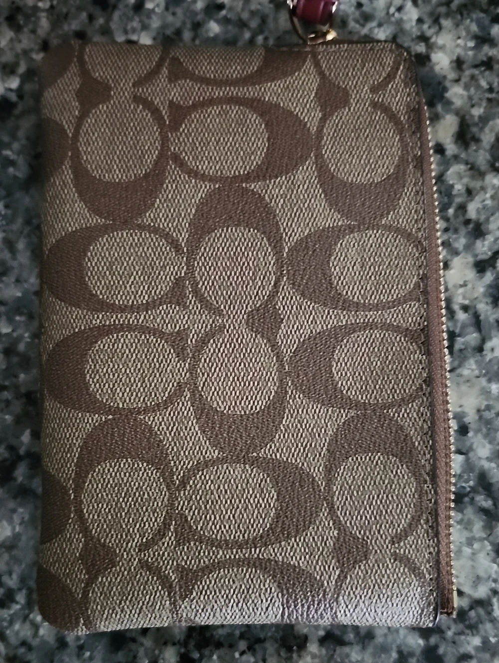 Coach Corner Zip Wristlet In Khaki Signature Coated Canvas With Red Accent